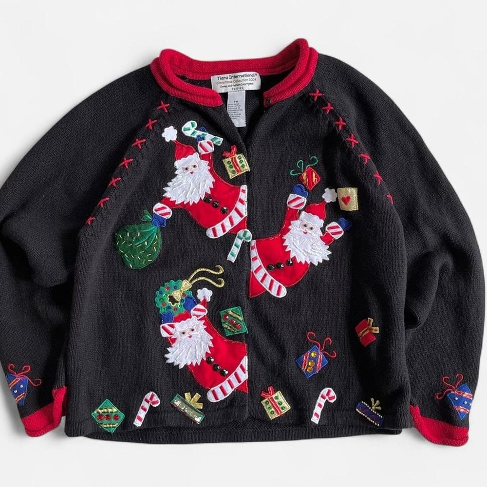 Vintage Tiara International Black Knit Embroidered Christmas Santa Cardigan